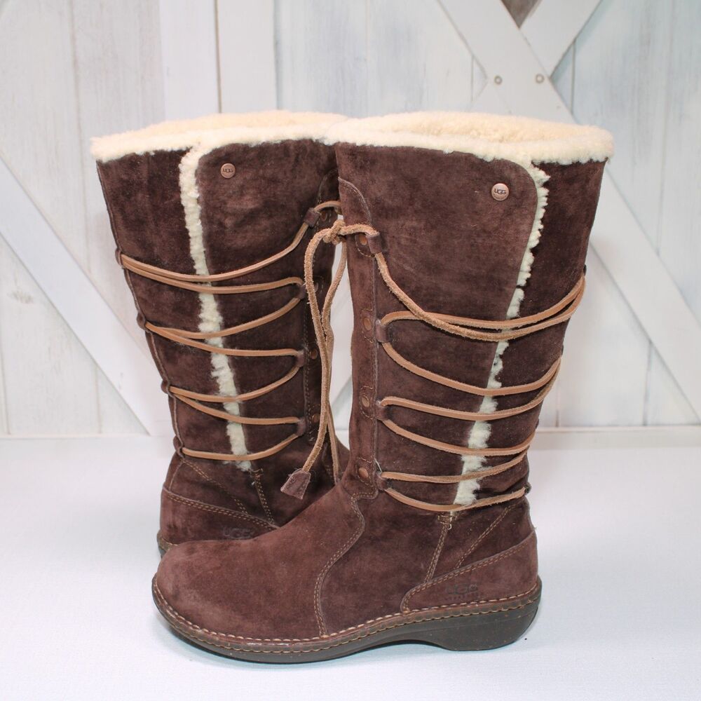 UGG Australia Dark Brown Suede Sheepskin Lined Laced Boots Womens US Size 9